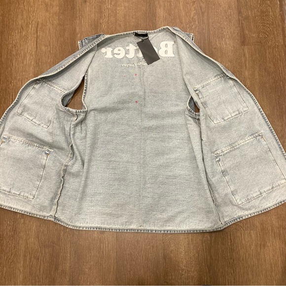 Men’s Light Wash Blue Jean Vest Neon Paint Splatter Open Front Pockets L - Picture 3 of 16